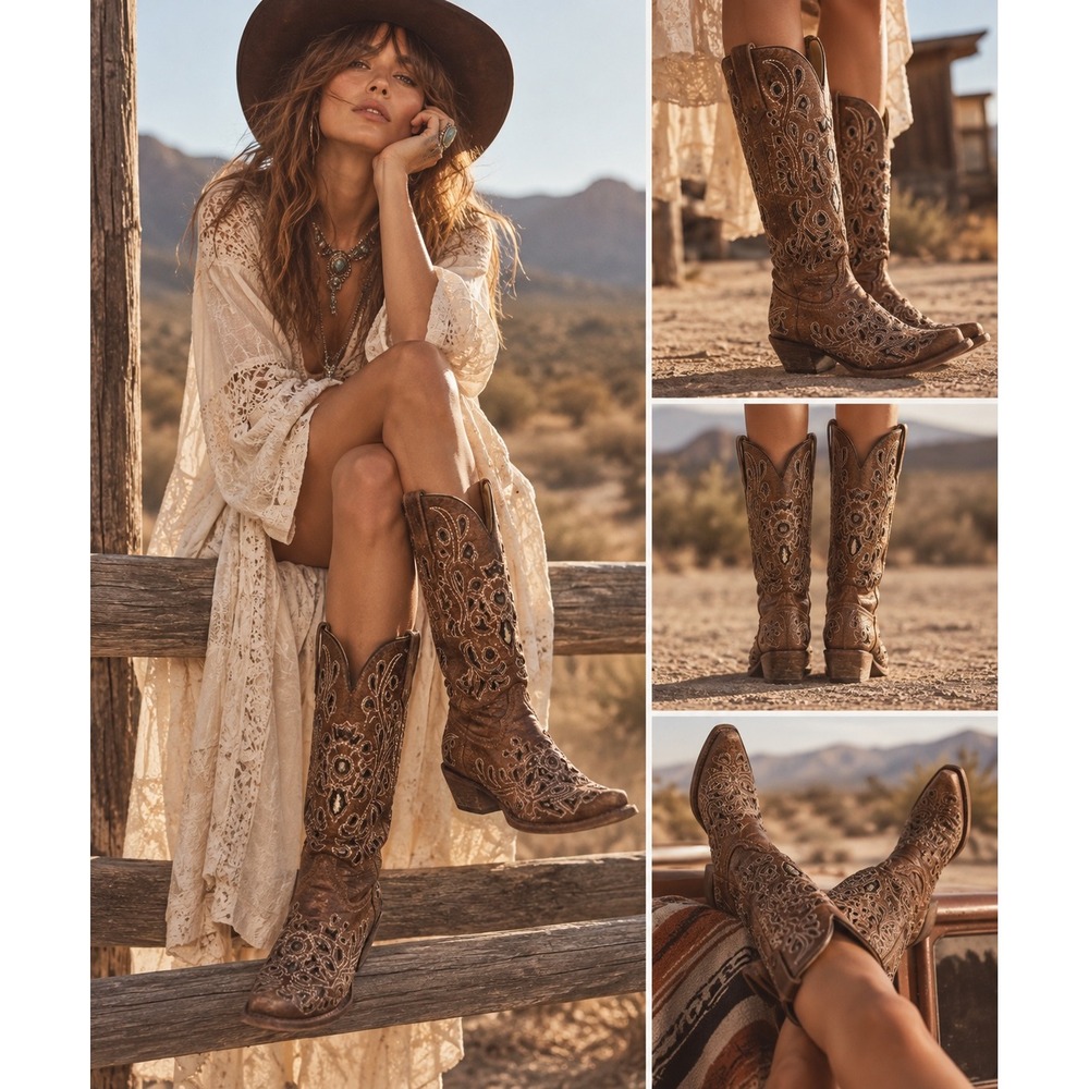 Corral Vintage A3216 Brown Distressed Leather Floral Cutout Western Boots 8 M